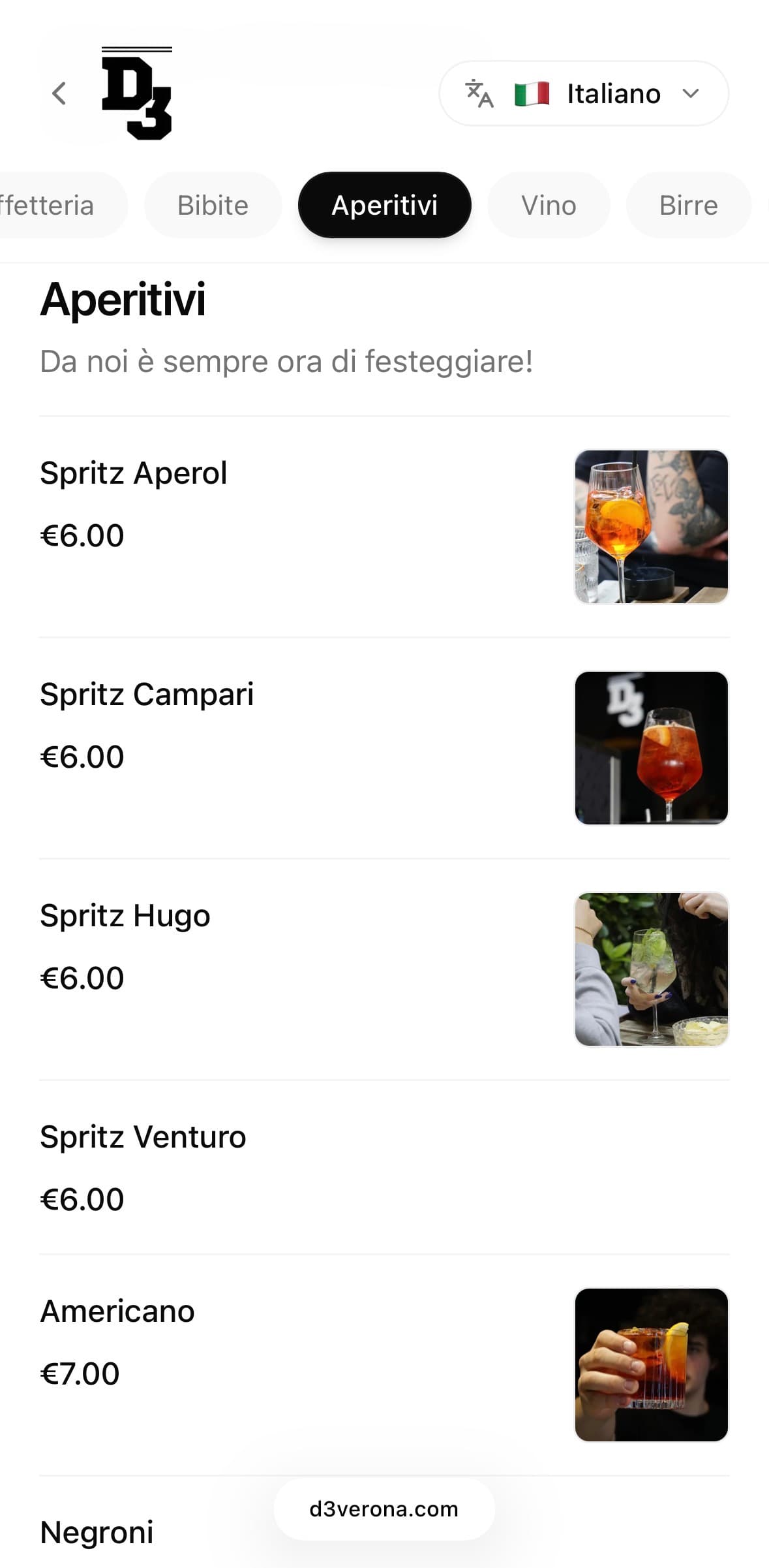 Anteprima reale del menu Tavolino con categorie, traduzione e lista prodotti